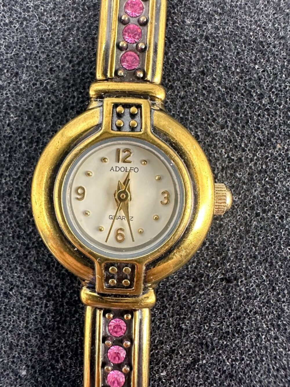 Adolfo Watch Women Gold Tone Pink Rhinestone Accents Small Dial New Battery 7.5"